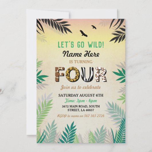 4ジャングル4歳誕生日パーティーサファリZOO招待状 招待状 (正面)