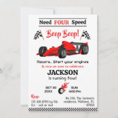 4スピードレッドレーススポーツカー4th誕生日が必要 招待状 (正面)