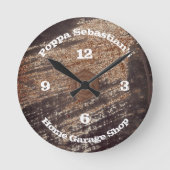 4ナンバーラスティブラックパティナワークショップガレージ ラウンド壁時計 (正面)