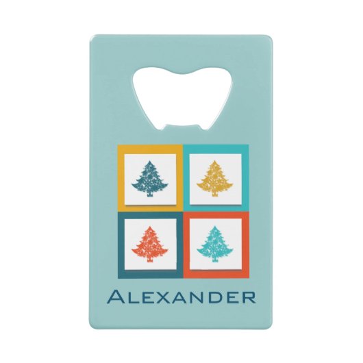 4パーソナライズされたクリスマスツリーレトロデザイン クレジットカード栓抜き (正面)