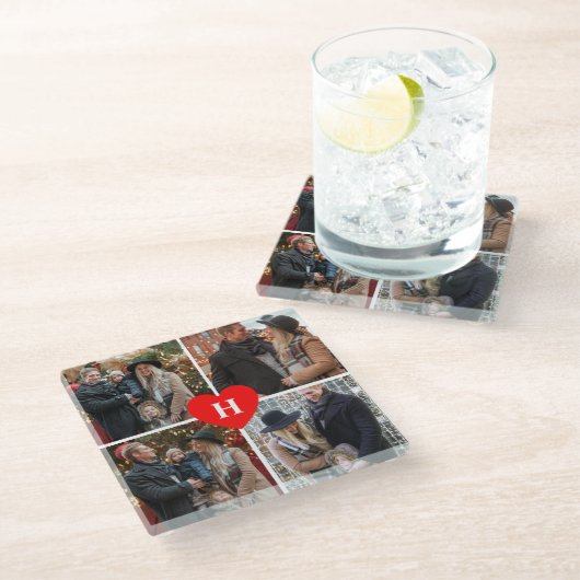 4パーソナライズされたフォトコラージュ赤いハート ガラスコースター (アングル)