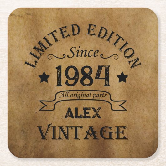 4パーソナライズされたヴィンテージ40歳の誕生日パーティー スクエアペーパーコースター (正面)