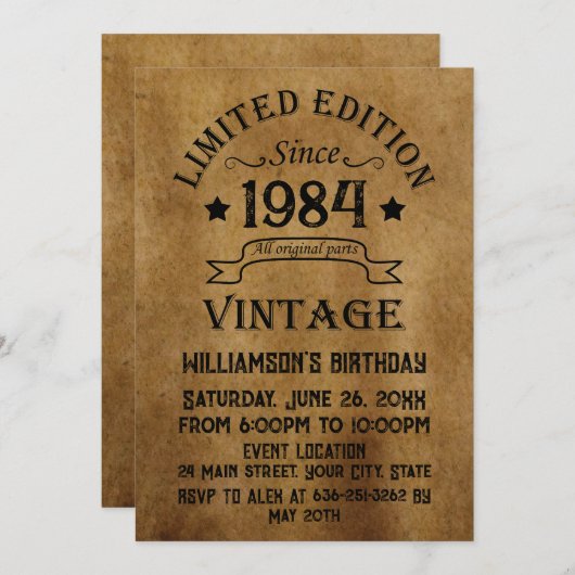 4パーソナライズされたヴィンテージ40歳の誕生日パーティー 招待状 (正面/裏面)