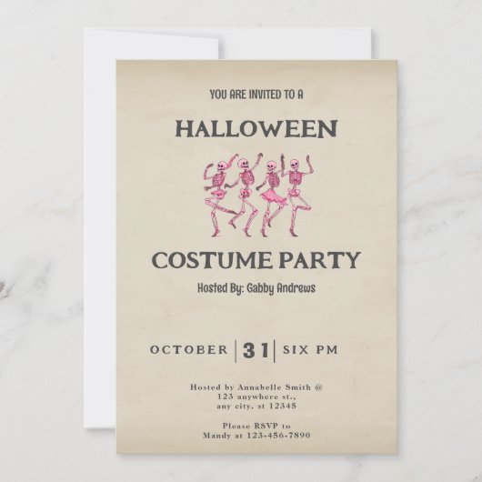 4ピンク踊りスケルトンヴィンテージハロウィーン 招待状 (正面)