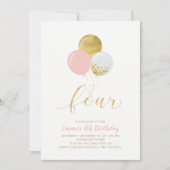 4ピンク&金ゴールドバルーン女の子4th誕生日パーティー 招待状 (正面)