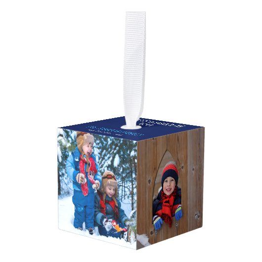 4ファミリーフォトキュートブルーハヌカーカスタムホリデー キューブオーナメント (正面アングル)
