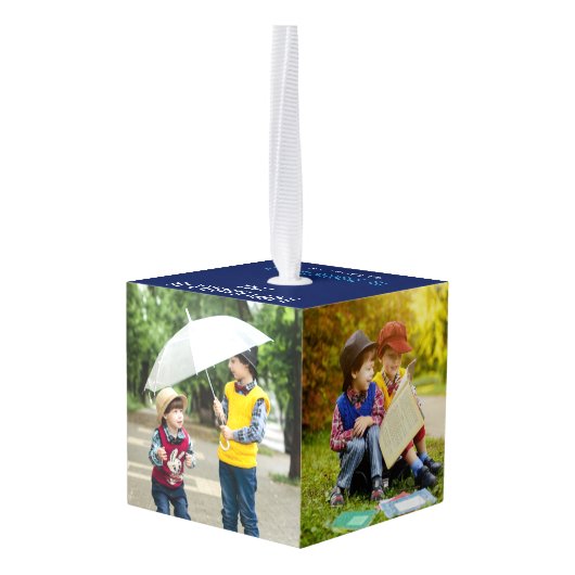 4ファミリーフォトキュートブルーハヌカーカスタムホリデー キューブオーナメント (裏面アングル)