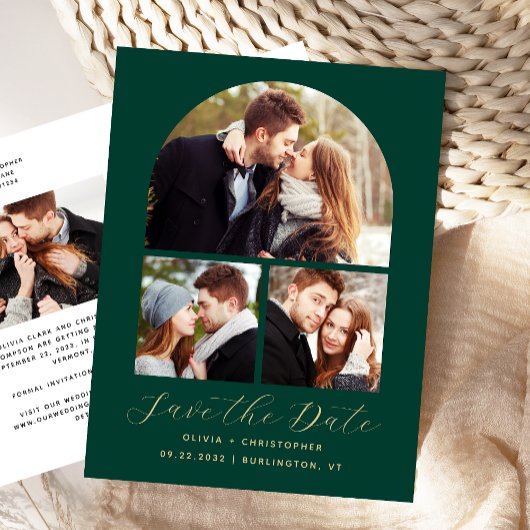 4フォトエメラルドグリーン金ゴールドアーチ日付の保存 案内ポストカード
