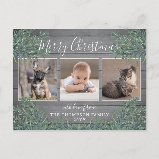 4フォトクリスマスグリーン素朴&グレーウッド シーズンポストカード (正面)