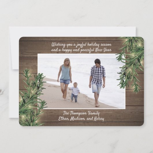 4フォトクリスマスグリーン素朴、木材&ライト シーズンカード (裏面)