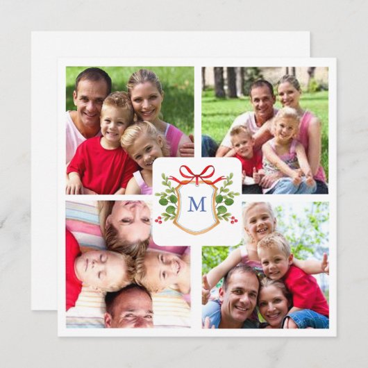 4フォトクレストモノグラムのスクエアクリスマス シーズンカード (正面/裏面)