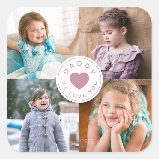 4フォトコラージピンクハート父の日 スクエアシール (正面)