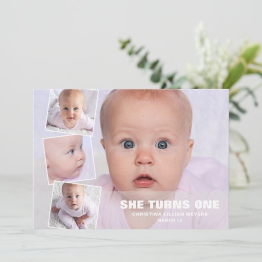 4フォトコラージピンクファースト誕生日 カード (スタンド正面)