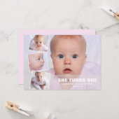 4フォトコラージピンクファースト誕生日 カード (正面/裏面インサイチュ)