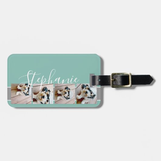 4フォトコラージフィルムストリップ名 – アクアグレイ ラゲッジタグ (正面横)