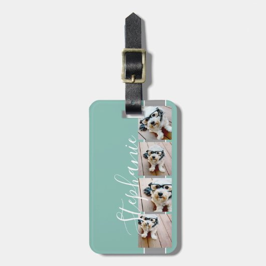 4フォトコラージフィルムストリップ名 – アクアグレイ ラゲッジタグ (正面縦)