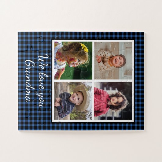 4フォトコラージブルーバッファロープレイドおばあちゃん ジグソーパズル (横)