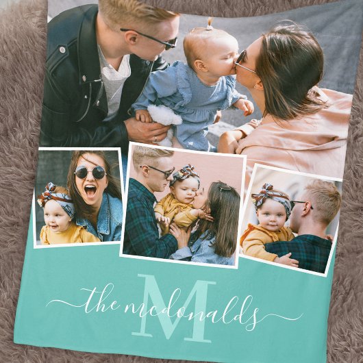 4フォトコラージモノグラム名ティール（緑がかった色） フリースブランケット