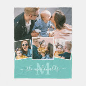 4フォトコラージモノグラム名ティール（緑がかった色） フリースブランケット (正面)