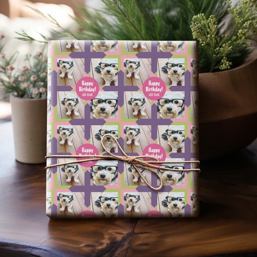 4フォトコラージュとカスタムハッピーバースデー名 ラッピングペーパー