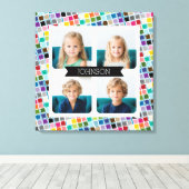 4フォトコラージュとファンキーカラフル正方形パターン キャンバスプリント (インサイチュ (ウッドフロア))