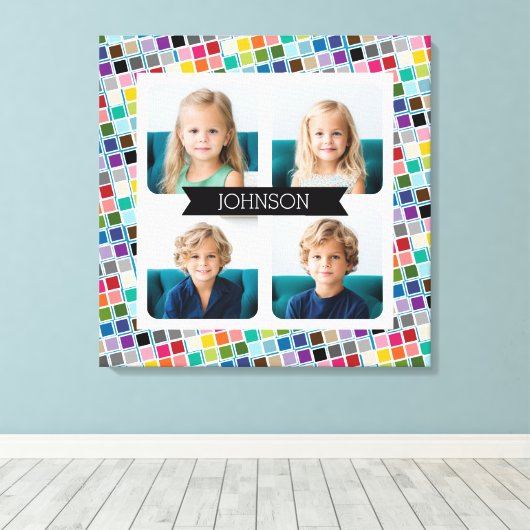 4フォトコラージュとファンキーカラフル正方形パターン キャンバスプリント (インサイチュ (ウッドフロア))