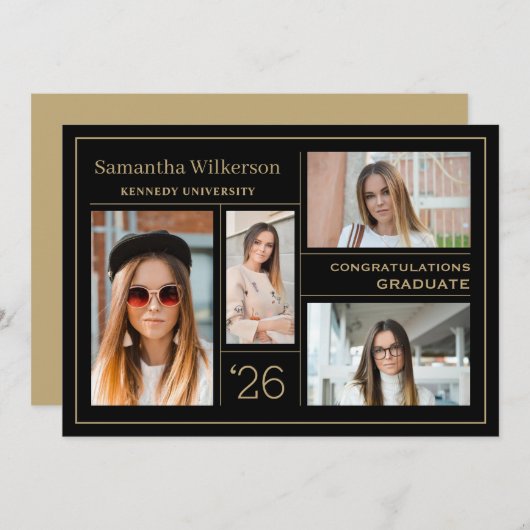 4フォトコラージュのおめでとう卒業生が任意の年を追加 案内状 (正面/裏面)