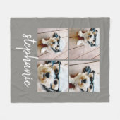 4フォトコラージュのグレーとモダンスクリプト名 フリースブランケット (正面(横))