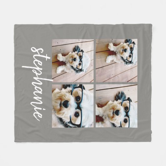 4フォトコラージュのグレーとモダンスクリプト名 フリースブランケット (正面(横))