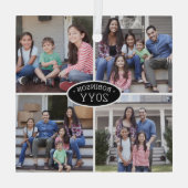 4フォトコラージュの家族の名前と年の白黒 ガラスオーナメント (裏面)