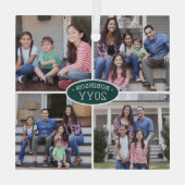 4フォトコラージュの家族の名前と年の緑&白 ガラスオーナメント (裏面)