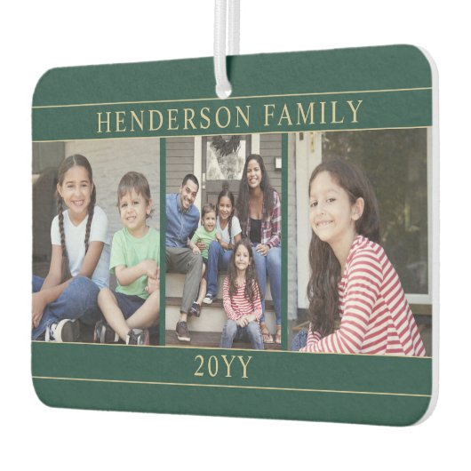 4フォトコラージュの家族の名前グリーンと金ゴールドハート カーエアーフレッシュナー (左)