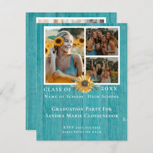 4フォトコラージュひまわり黄色の卒業パーティー 案内状 (正面/裏面)