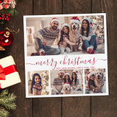 4フォトコラージュエレガントレッドスクリプトクリスマス シーズンカード