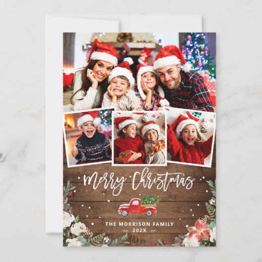 4フォトコラージュクリスマストラック素朴ウッドフローラ シーズンカード (正面)