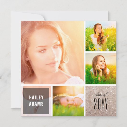 4フォトコラージュグリッタースクウェア卒業パーティー 招待状 (正面)