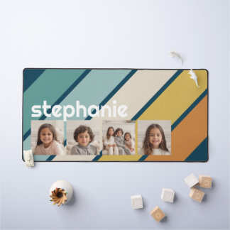 4フォトコラージュストライプレトロ – 青と金ゴールド デスクマット