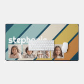 4フォトコラージュストライプレトロ – 青と金ゴールド デスクマット (キーボード&マウス)