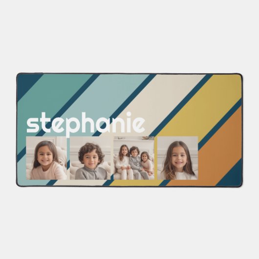 4フォトコラージュストライプレトロ – 青と金ゴールド デスクマット (正面)