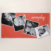 4フォトコラージュパーソナライズされたフィルムストリップサンゴ ビーチタオル (正面)