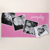 4フォトコラージュパーソナライズされたフィルムストリップピンク ビーチタオル (正面)