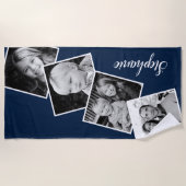 4フォトコラージュパーソナライズされたフィルムストリップNavy Blue ビーチタオル (正面)