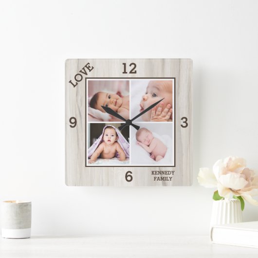 4フォトコラージュファミリーネームラブナチュラルウッド スクエア壁時計 (ホーム)