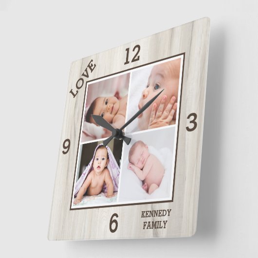 4フォトコラージュファミリーネームラブナチュラルウッド スクエア壁時計 (傾斜)