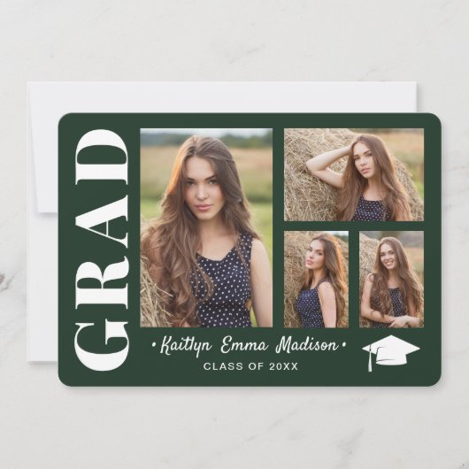 4フォトコラージュモダンスクリプトグリーングラード 案内状 (正面)