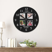 4フォトコラージュモダンファミリー名引用文ブラック ラウンド壁時計