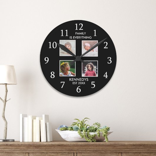 4フォトコラージュモダンファミリー名引用文ブラック ラウンド壁時計