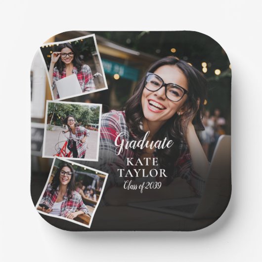 4フォトコラージュモダン卒業式パーティー ペーパープレート (正面)