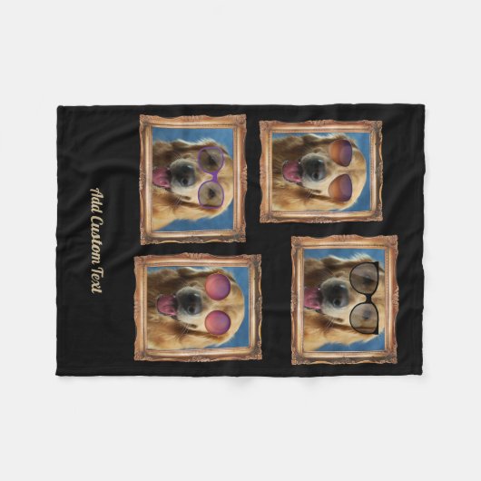 4フォトコラージュヴィンテージフレームドッグペットファミリー フリースブランケット (正面(横))