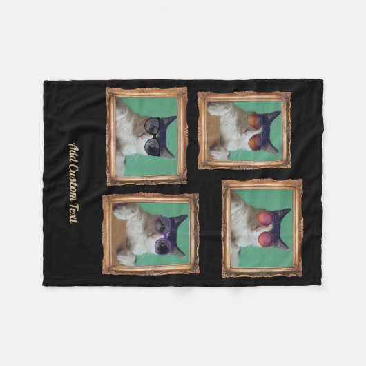4フォトコラージュヴィンテージフレーム猫ペットファミリー フリースブランケット (正面(横))